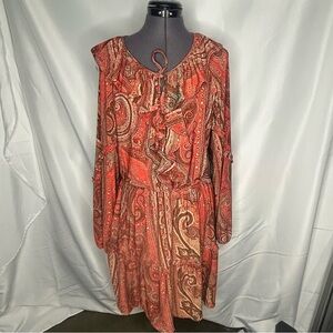 Lauren Ralph Lauren Red and Brown Paisley Long Sleeve Dress